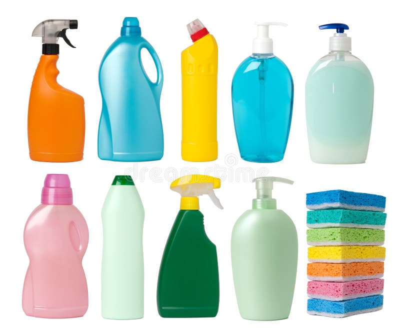 Cleaning supplies containers stock photo