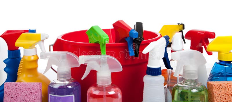 Cleaning supplies in a red bucket on white