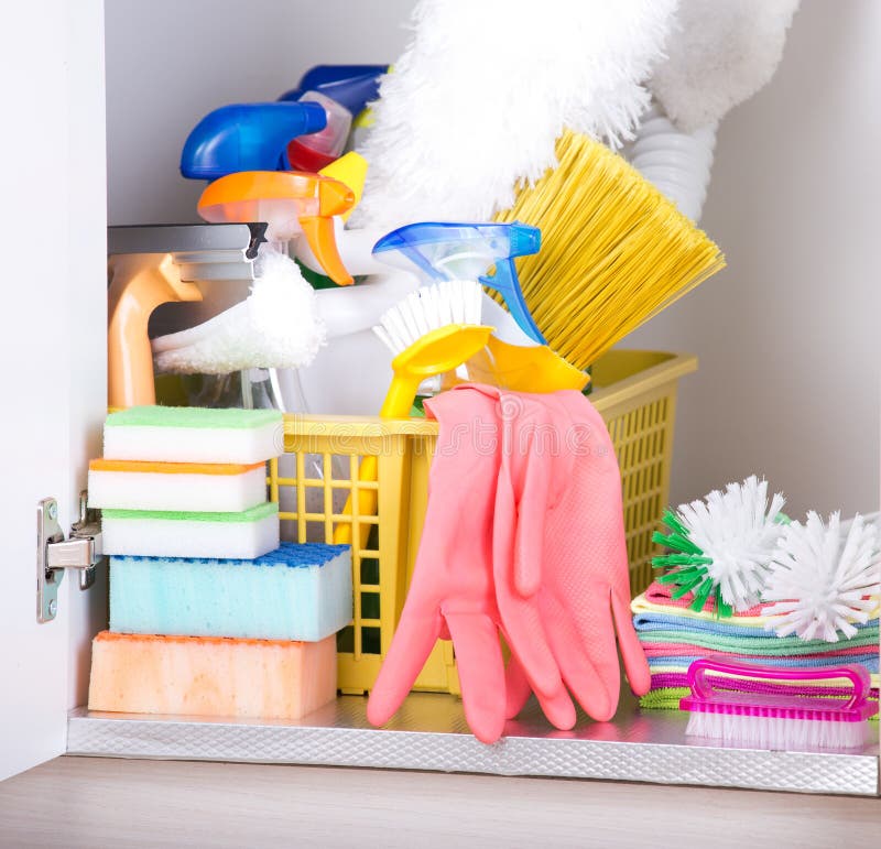 Cleaning supplies storage stock image. Image of broom 84010349