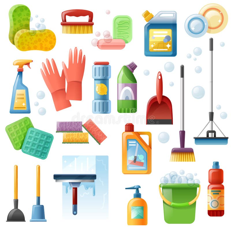 Cleaning Supplies Tools Flat Icons Set