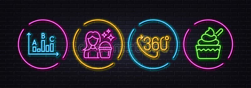 Cleaning, Survey results and 360 degree minimal line icons. For web application, printing. Neon laser 3d lights. Vector stock image