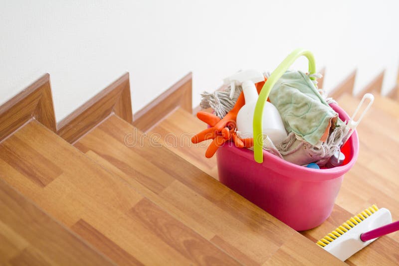 Cleaning product in bucket prepare for clean a stair. cleaning house  service and housekeeping concept. Stock Photo