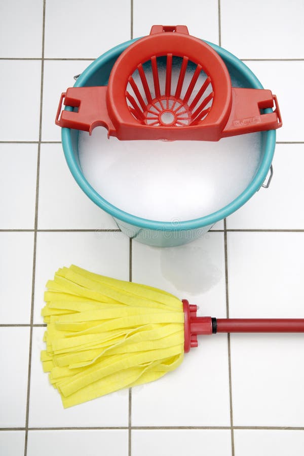 Bucket Spray And Squeegee For Window Cleaning On The Window Sill