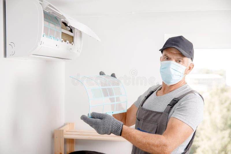 Cleaning Ventilation Service, Worker Fixes Problem. Dirty and Dusty Air