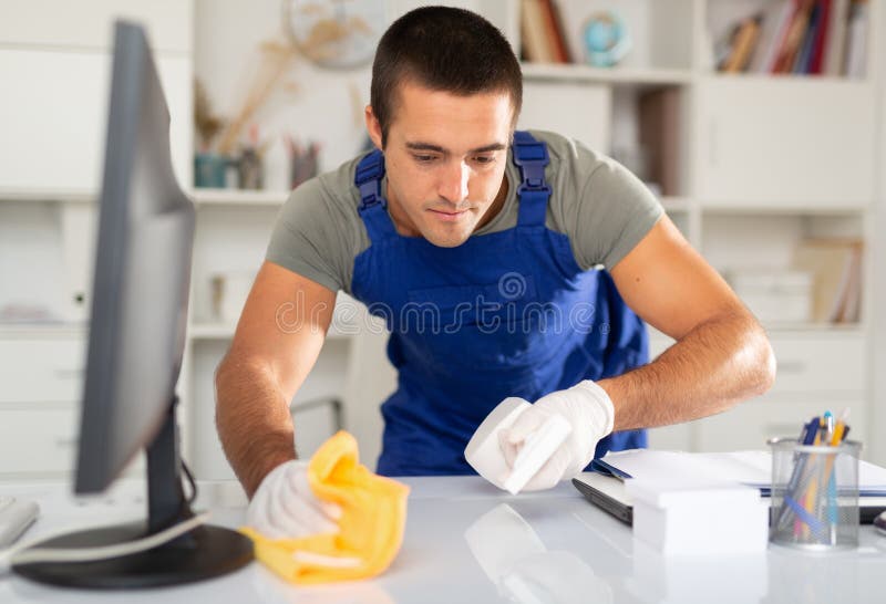 Cleaning Worker Wiping Office Desk with Detergent Stock Image Image