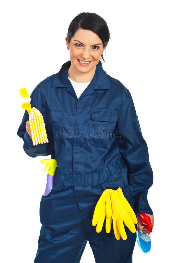 Cheerful worker woman prepared for cleaning your house isolated on white background. Cheerful worker woman prepared for cleaning your house isolated on white background