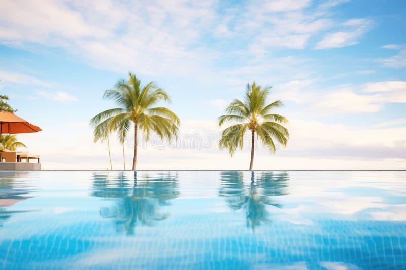 Clear blue infinity pool with palm trees reflection stock image