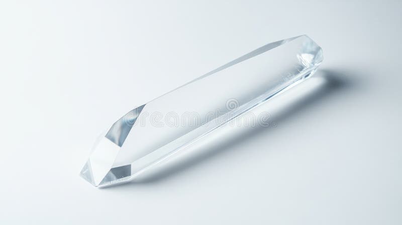 A clear crystal object is on a white surface stock illustration