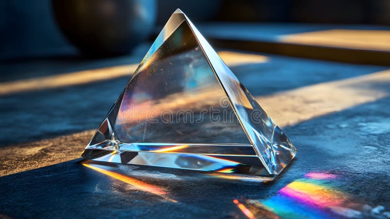 A clear crystal prism refracts light creating a rainbow on a textured surface in a studio setting vector illustration
