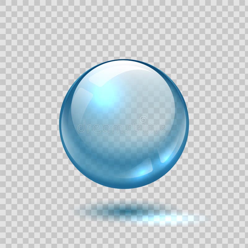 Clear glass bubble. Realistic blue sphere. 3D ball on transparent background. Glossy crystal object with shadow and