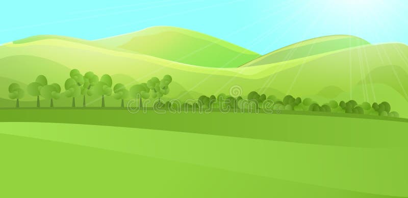 Clear landscape with green hill, mountains, grass and tree garden or forest.