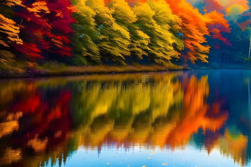 A clear reflection of the colorful fall trees in the crystal clear water mirror generative ai royalty free stock photography