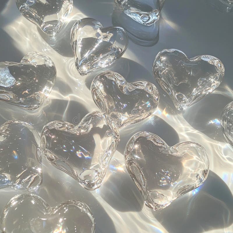 Clear transparent ice or glass hearts on reflective light surface in sunlight, interesting pattern and highlights on surface below them, interplay of light and shadow. Valentine s Day AI generated