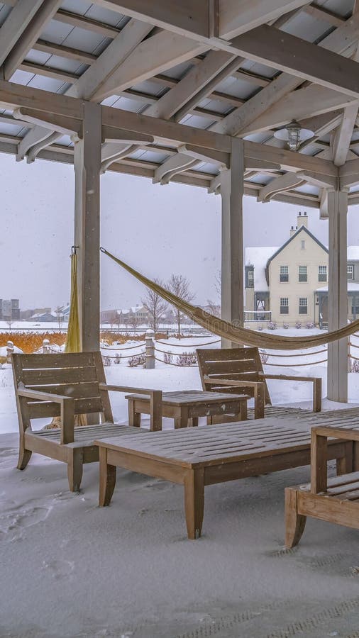 Clear Vertical Snowy patio of a clubhouse in Daybreak Utah royalty free stock photos Clear Vertical Snowy patio of a clubhouse in Daybreak Utah royalty free stock photos
