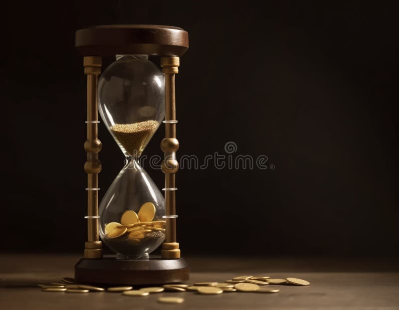 Clessidra di legno con monete valore temporale illustrazione vettoriale