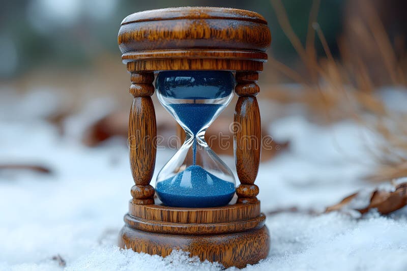 Clessidra di legno su Snowy Ground Symbolizing Time and Stagions Generative AI illustrazione vettoriale
