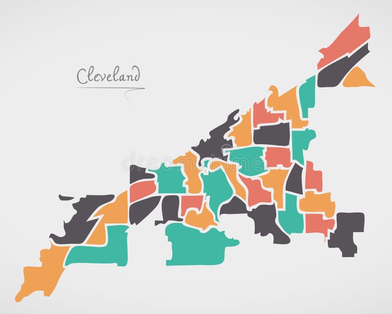 Cleveland Ohio Map with Neighborhoods and Modern Round Shapes Stock