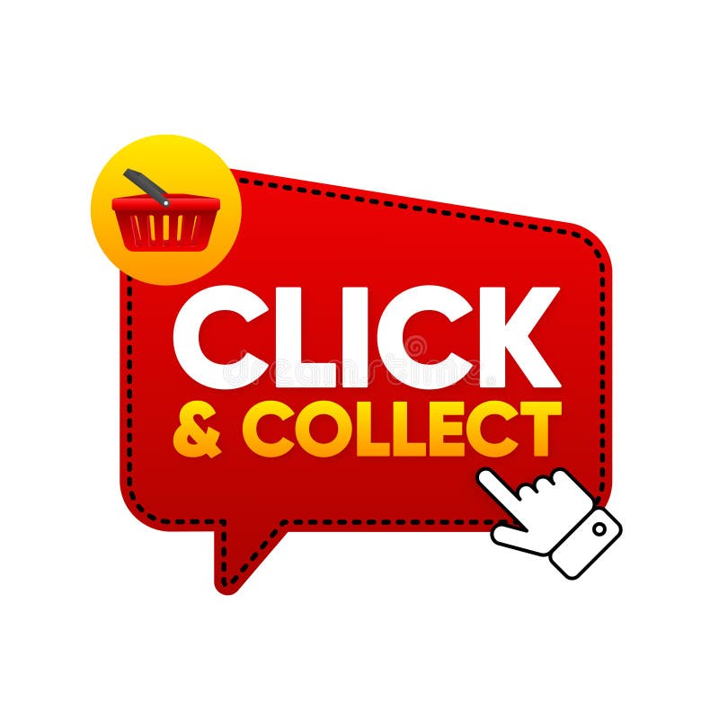 Click and Collect with computer mouse pointer on red banner. Click and Collect to basket. Concept to Shopping in Store stock illustration