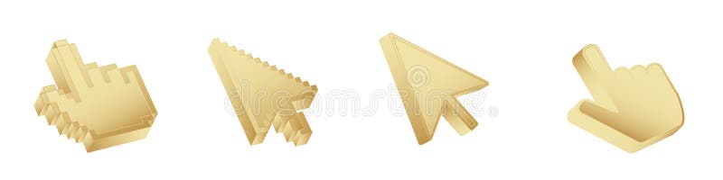 Click cursor 3d gold icon. Computer mouse pointer golden arrow vector illustration