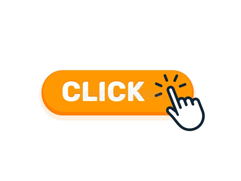Click here button with hand icon. Vector click web sign cursor symbol. Button isolated vector illustration