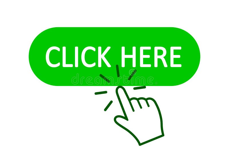 Click here button with hand pointer clicking. Click here web button. Isolated website buy or register bar icon with hand finger clicking cursor – stock vector