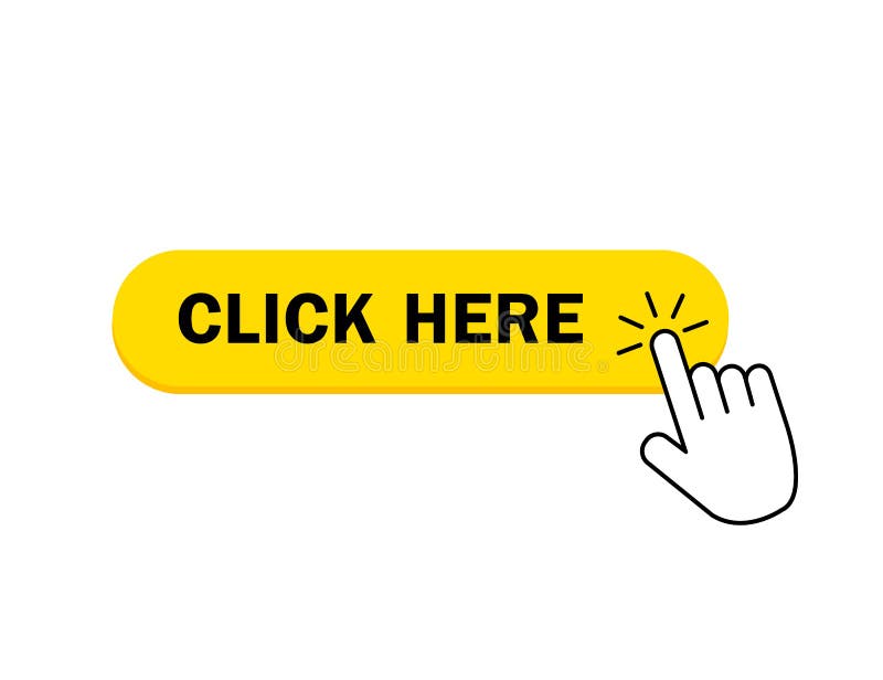 Click here button icon. Yellow button with hand pointer for register on website. Click here with finger pointing button for banner vector illustration