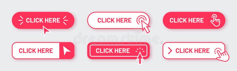 Click here button. Order now shop link. Mouse web for finger tap. Infographic cursor. Banner with arrow. Website subscribe. Online vector illustration