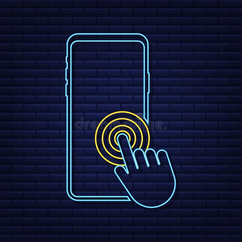 Click smartphone. Empty screen, phone mockup. Neon device mockup. Cursor icon vector. Hand pointer vector stock stock illustration