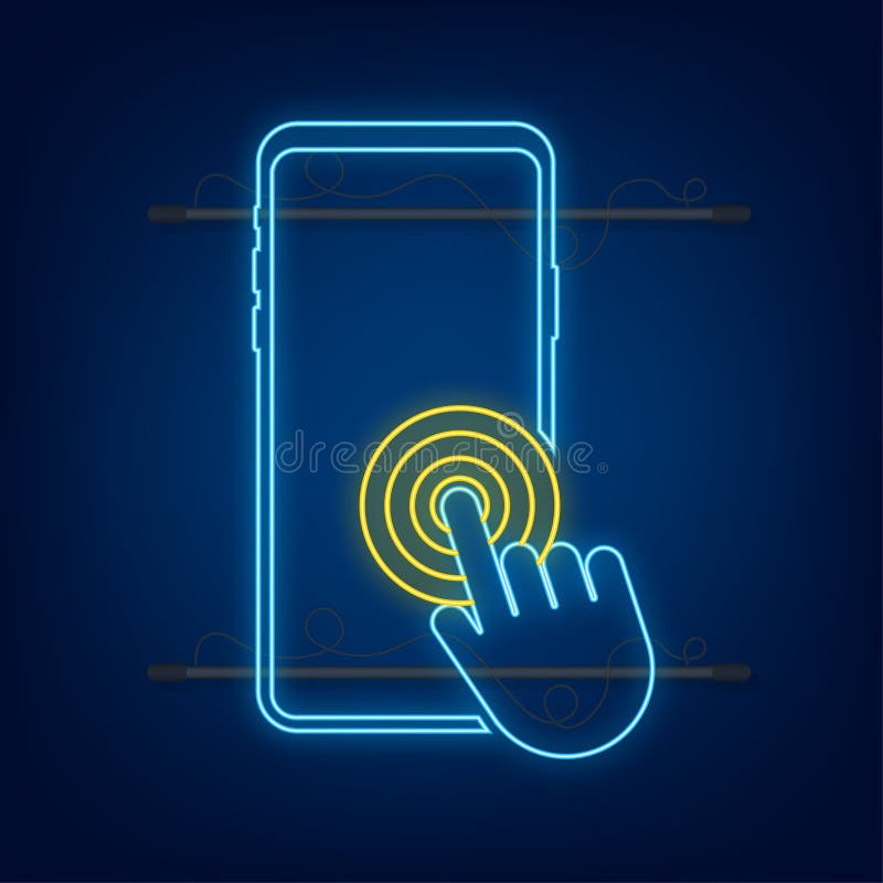 Click smartphone. Empty screen, phone mockup. Neon device mockup. Cursor icon vector. Hand pointer vector stock royalty free illustration