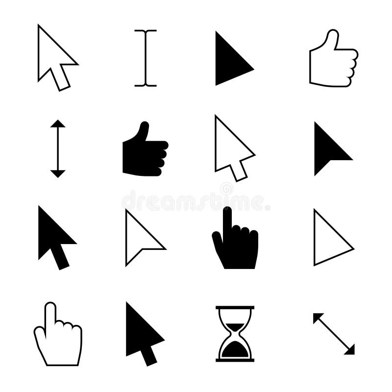 Clicking mouse cursors. Computer finger pointer, arrow click cursor. Web action and choosing icons vector set royalty free illustration