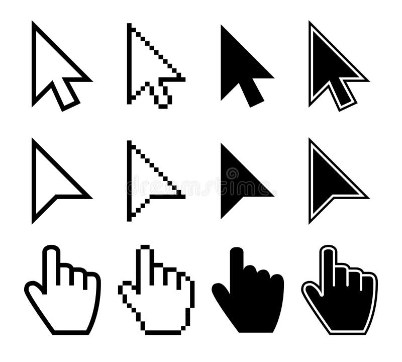 Clicking mouse cursors, computer finger pointers vector set royalty free illustration