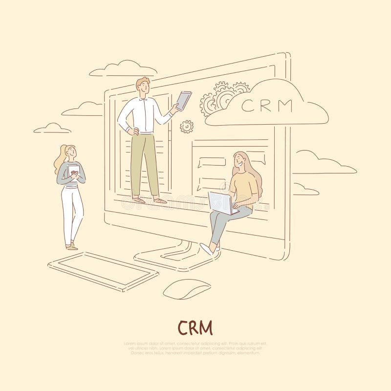 Client support system, company communication service, young colleagues analyzing data, crm software banner. Customer relationship management concept cartoon sketch. Flat vector illustration. Customer relationship software banner vectors