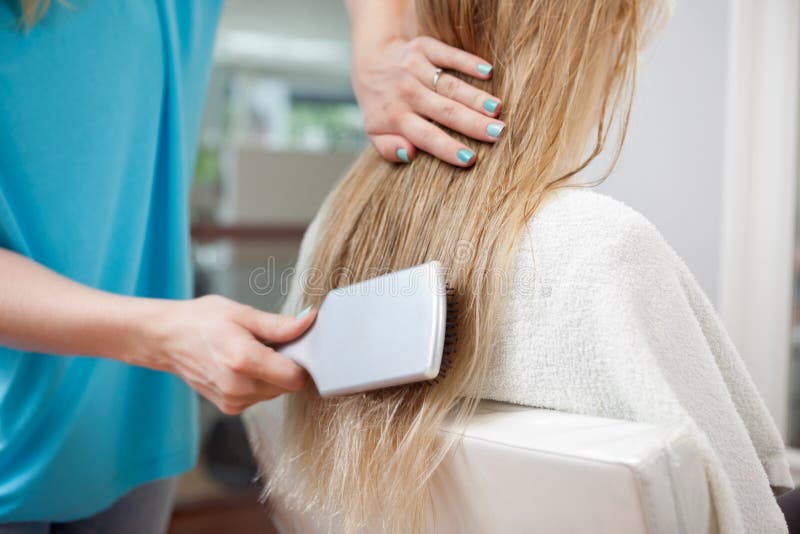 Cliente de Combing Hair Of do esteticista imagem de stock Cliente de Combing Hair Of do esteticista imagem de stock