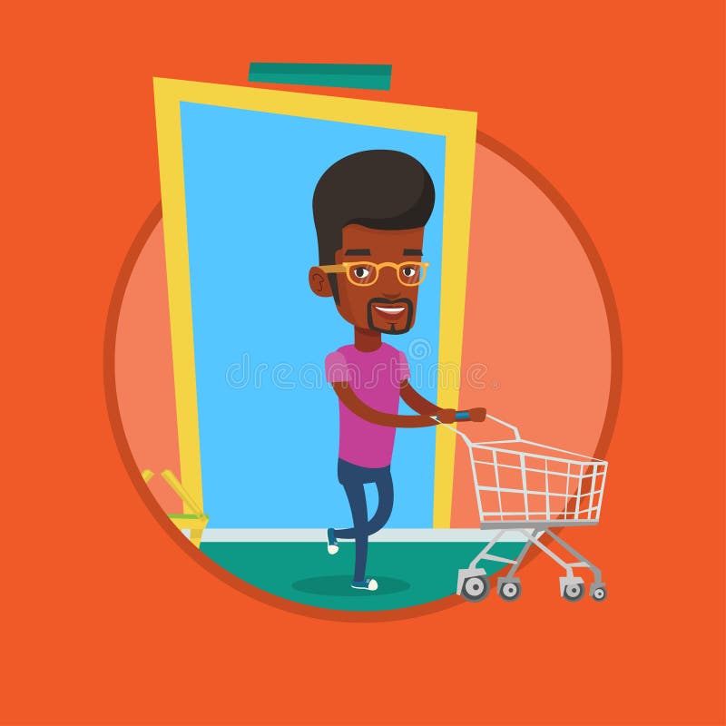 Cliente masculino que corre en la tienda con la carretilla stock de ilustración Cliente masculino que corre en la tienda con la carretilla stock de ilustración