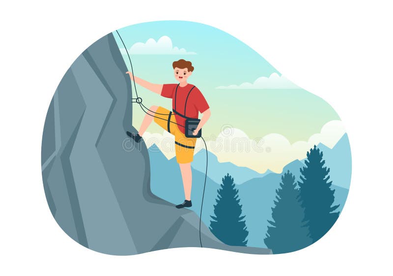 Cliff Climbing Illustration with Climber Climb Rock Wall or Mountain Cliffs and Extreme Activity Sport in Flat Cartoon Hand Drawn