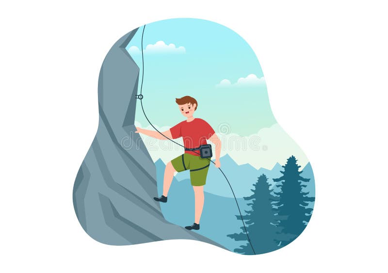 Cliff Climbing Illustration with Climber Climb Rock Wall or Mountain Cliffs and Extreme Activity Sport in Flat Cartoon Hand Drawn