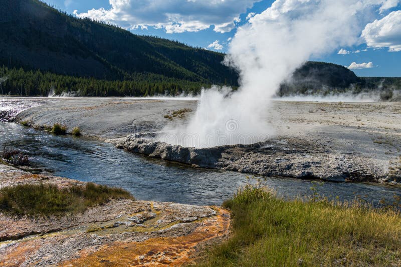 Cliff Geyser wybuchł w basenie Czarnej Piaski w Parku Narodowym Yellowstone wzdłuż Iron Spring Creek zdjęcie stock