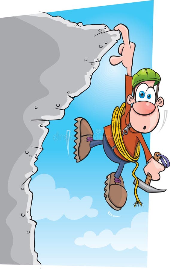 A cartoon climber finds himself hanging. A cartoon climber finds himself hanging