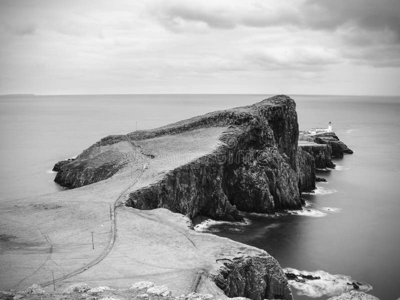 Cliffs of Neist Point Cape and Lighthouse in Black and White. Stock ...
