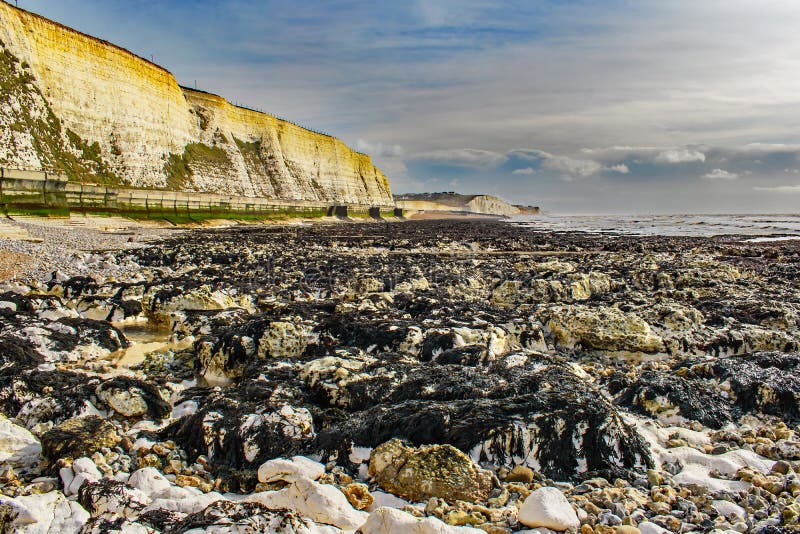 The Cliffs Tower Above the Limestone Eroded Rocky Beach Stock Photo
