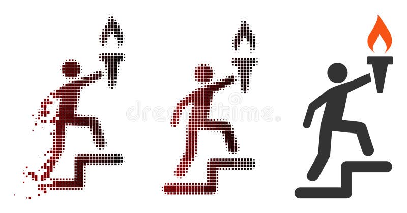 Climb With Torch för ledare för dammPIXEL rastrerad symbol. Vektorledareklättring med facklasymbolen i skingrade pixelated rastrerade och oskadade fasta versioner Nedbrytningeffekt gäller rektangulära gnistor och horisontallutning från rött för att svärta