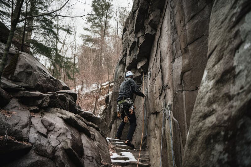 Climber Ascending Vertical Wall, with Ropes and Gear Visible Stock