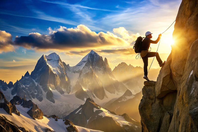 Climber ascends a steep rock face at sunset, overlooking a majestic mountain range royalty free illustration