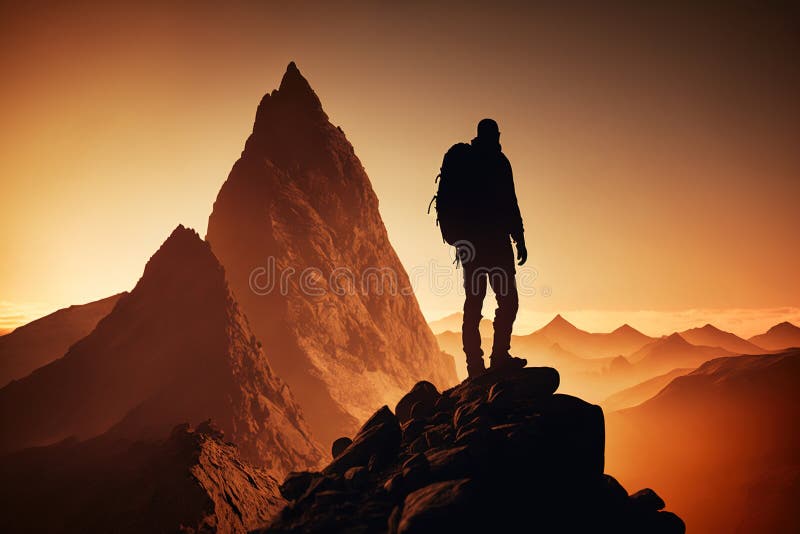 Climber climbs up mountain, man on rock top at sunset, generative AI