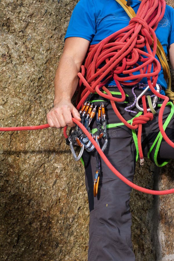 Climber Holding Red Climbing Rope Stock Image Image of rock, stone