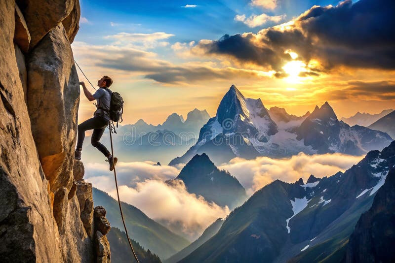 Climber scaling rock face at sunset, majestic mountain range backdrop stock illustration