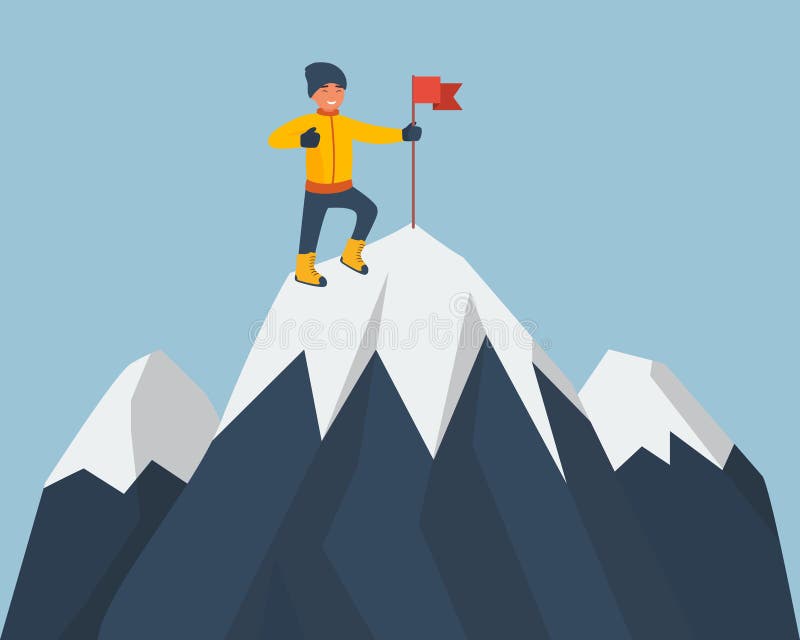 Climber standing on the top of mountain with a red flag. Young smiling mountaineer climbing on a rock. Vector cartoon