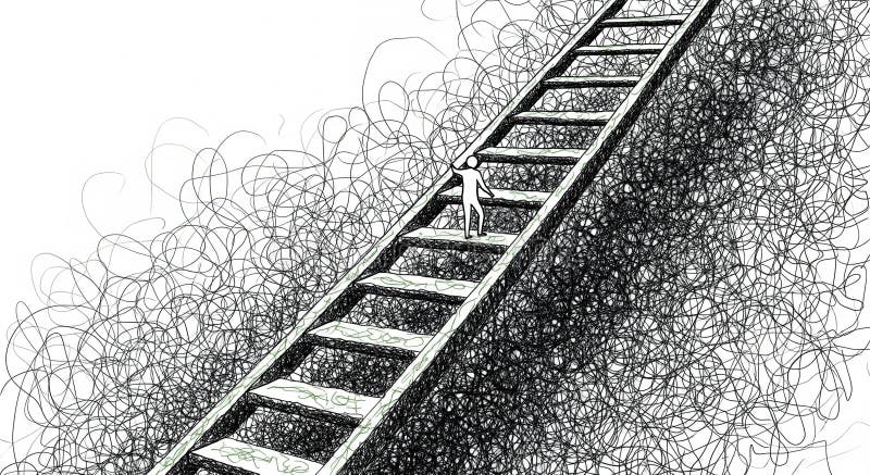 Climbing the complex ladder of career progression with a tiny figure symbolizing the challenges faced in growth stock illustration