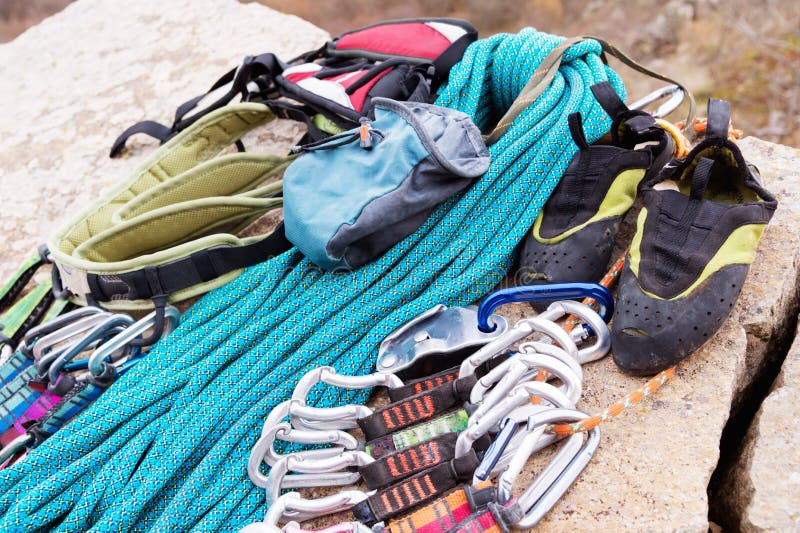 Climbing Equipment - Rope and Carbines View from the Side Close-up. a ...