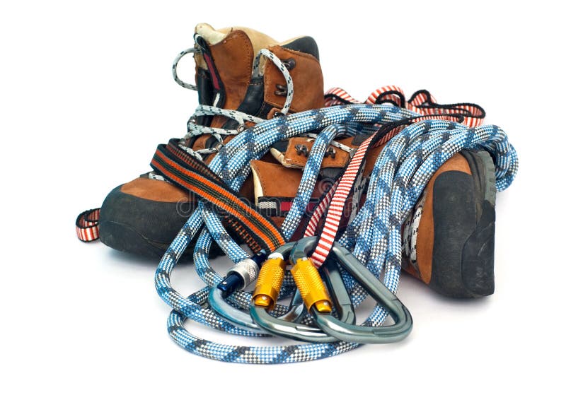 Climbing gear - carabiners, ropes and boots